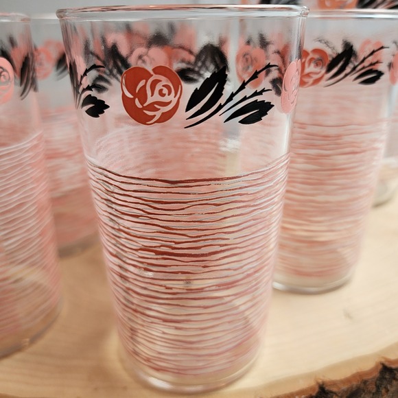 Vintage 1950's Anchor Hocking Pink Rose Swirl Pitcher and 6 Tumbler Glasses Set - Picture 2 of 9